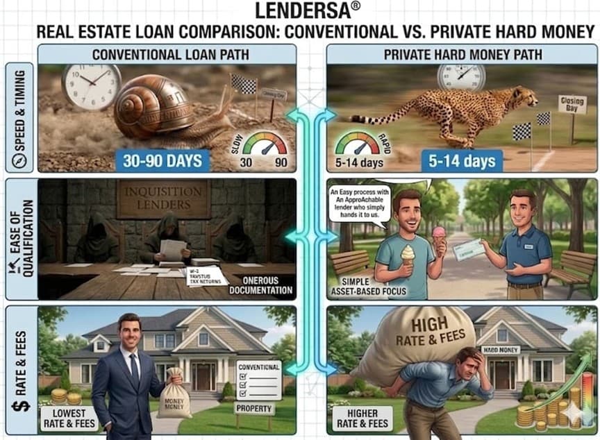 Lendersa control center showing side-by-side comparison of conventional mortgages and private hard money loans.