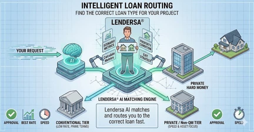 Lendersa AI intelligent loan routing engine directing borrower requests to conventional or private capital sources.