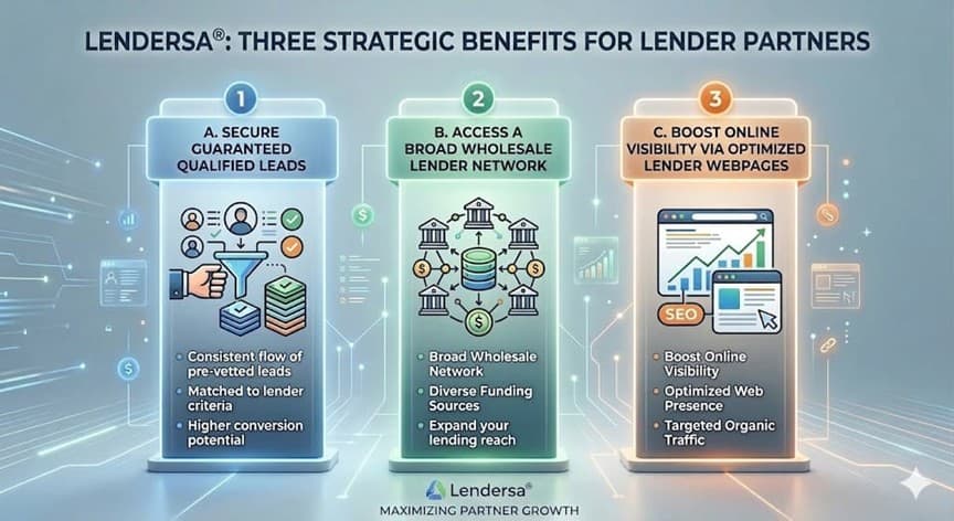 The three core B2B benefits of the Lendersa Capital Portal: Leads, Wholesale Funding Sources, and SEO profile optimization.