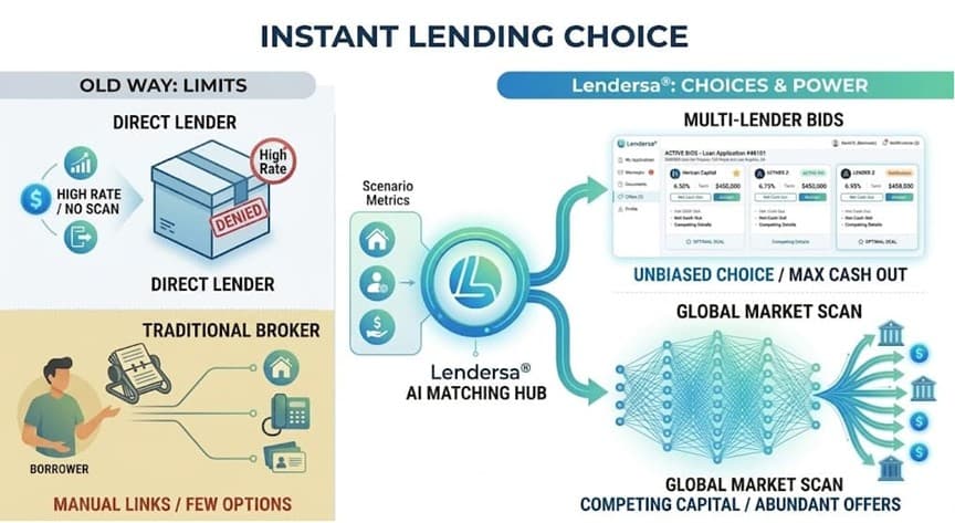 Comparison flowchart showing traditional mortgage brokers versus the Lendersa AI multi-lender real estate portal.