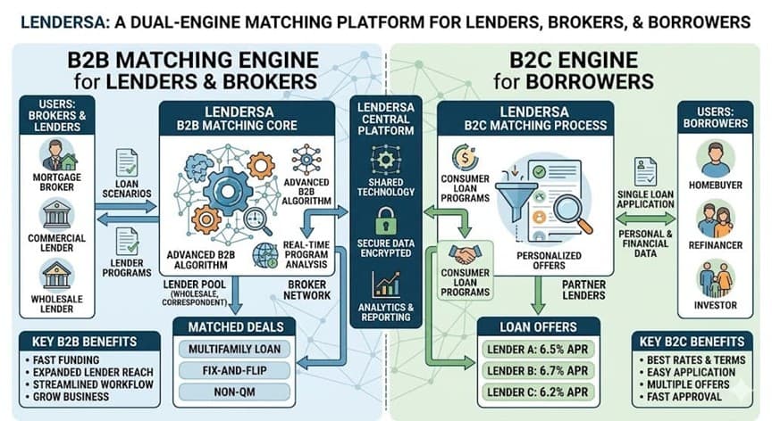 Diagram showing how the Lendersa platform connects B2C borrowers with retail lenders, and B2B brokers with wholesale lenders.