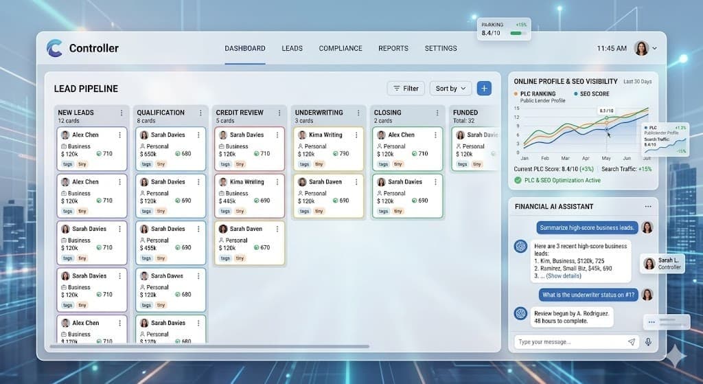 Lendersa AI Controller dashboard showing lead capture, pipeline management, and SEO tracking for mortgage lenders.