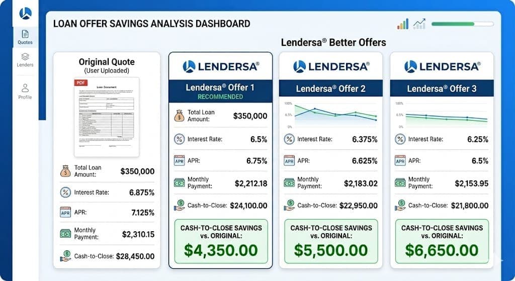 Lendersa LoanCompare AI tool analyzing a borrower's loan estimate to find hidden fees and better rates.