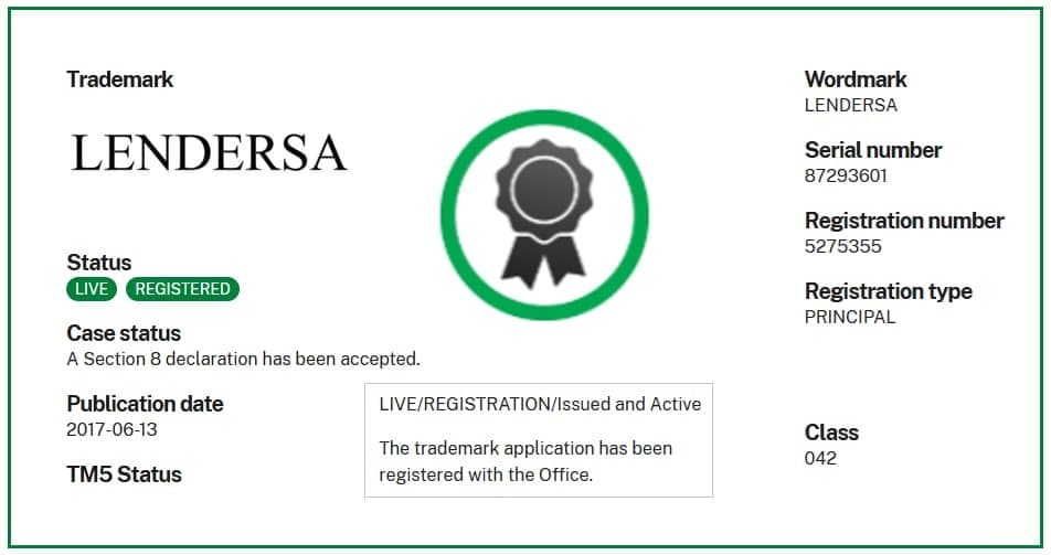 Lendersa registered trademark 87293601 for real estate financial software.